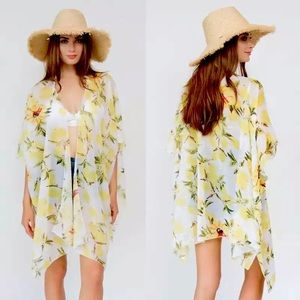 NEW Lemon Print Semi-Sheer Beach Swim Coverup Kimono BOUTIQUE Fruit One Size